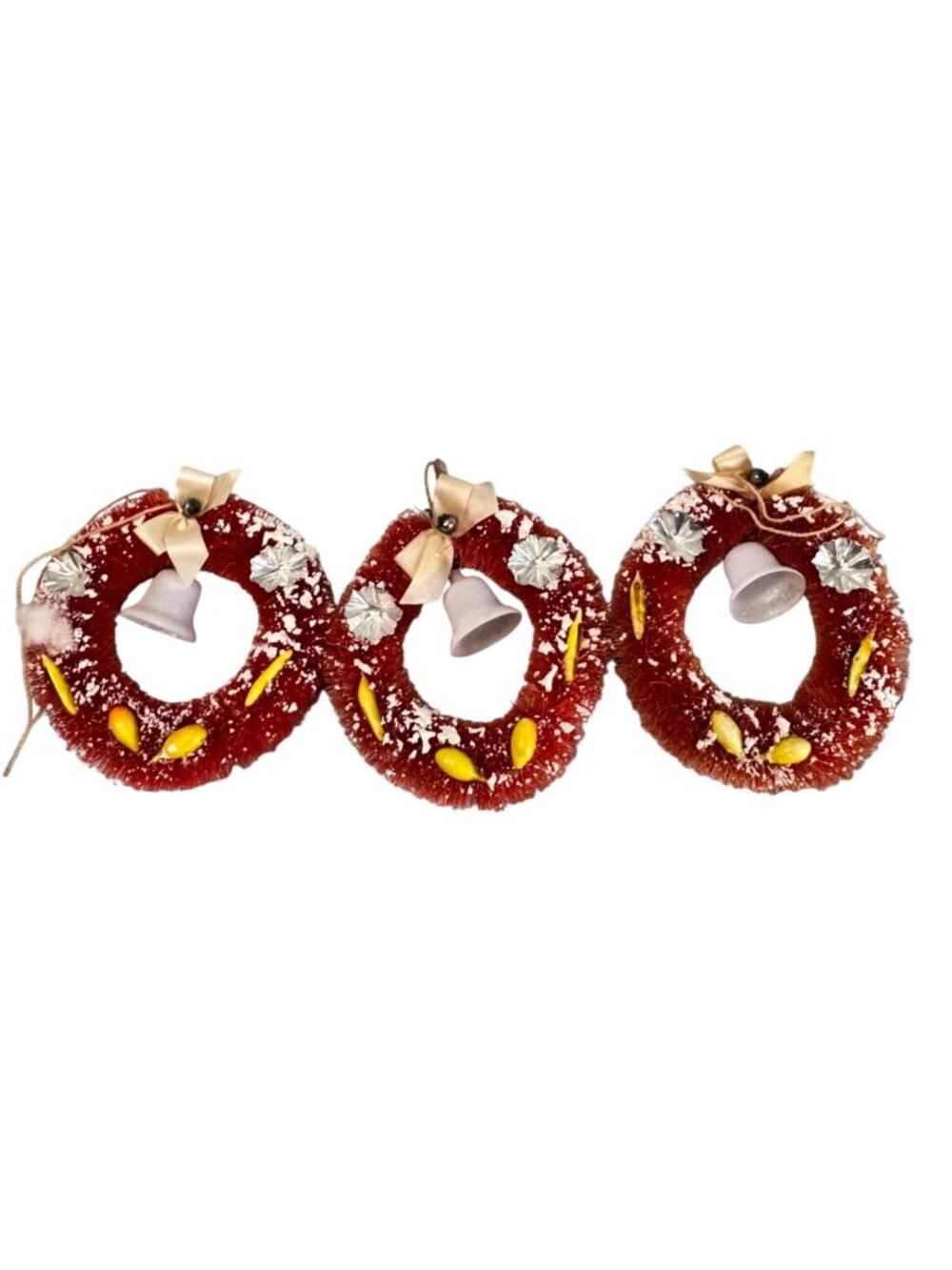 Set of 3 Vintage Bottle Brush Christmas Wreath Ornaments Bell Japan 4" - Picture 2 of 11